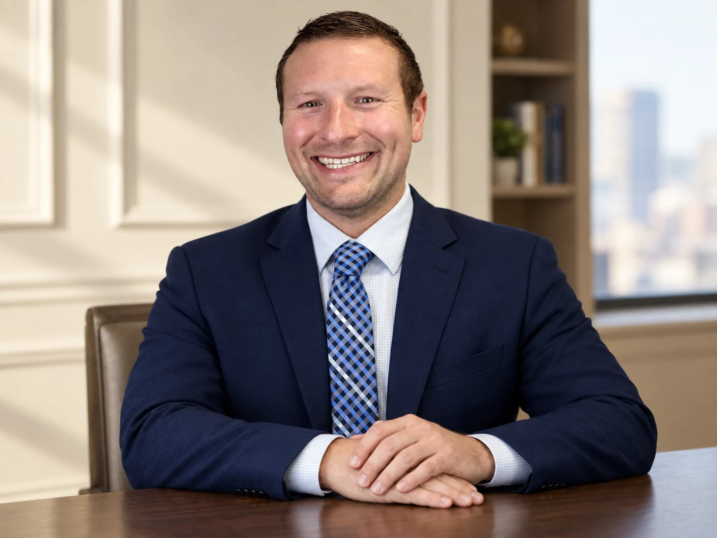 AI-assisted office portrait of Alex Rejer, smiling at a desk in a navy suit